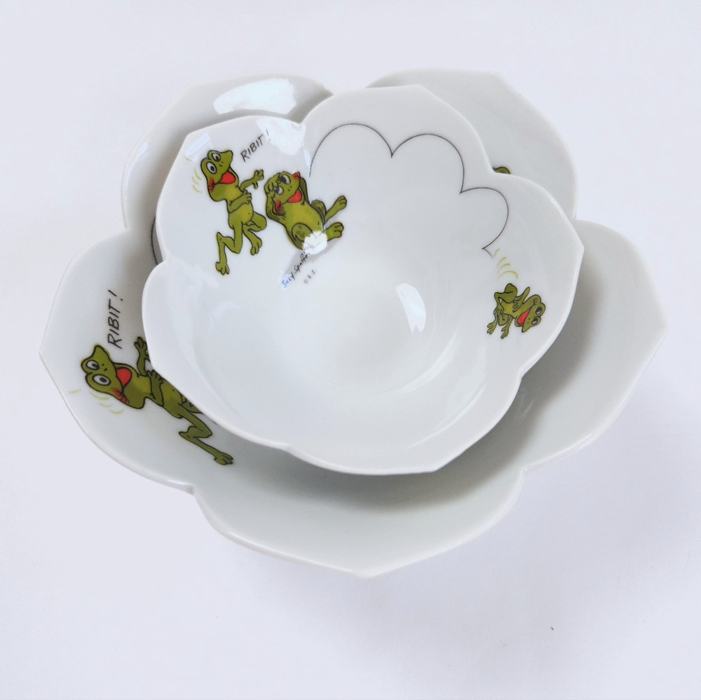 Suzy's Zoo Enesco Set Of 2 Vintage 70s Ceramic White Green Frog Lotus Bowls - Picture 7 of 14
